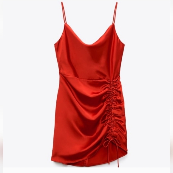 ZARA Ruched Tie Bodycon Satin Mini Dress In Red. Size XS - Picture 6 of 16